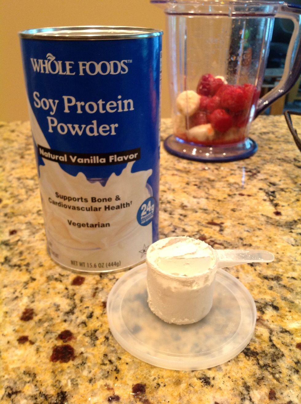 Measure one scoop of protein powder. I like Whole Food's vanilla soy powder. TIME = 30 seconds