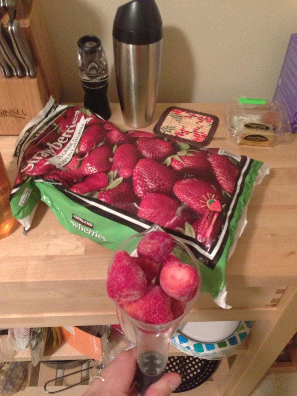 Measure out 1 1/2 c strawberries. I used frozen ones since they make the margarita cold.