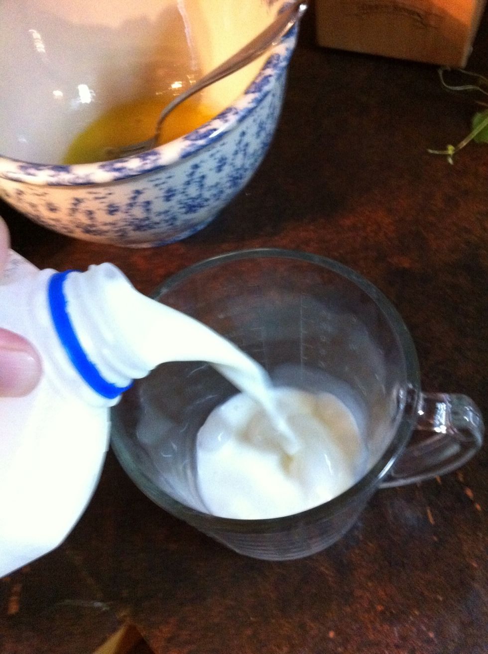 Measure out 1 1/3 cup milk product. May use milk (any percent), evaporated milk, cream, or buttermilk.