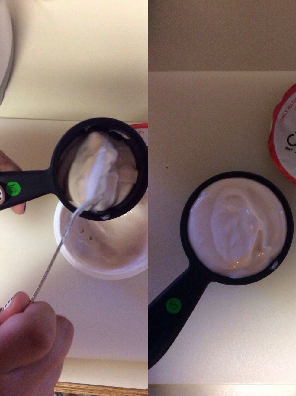 Measure out 1/2 cup of strawberry banana yogurt.
