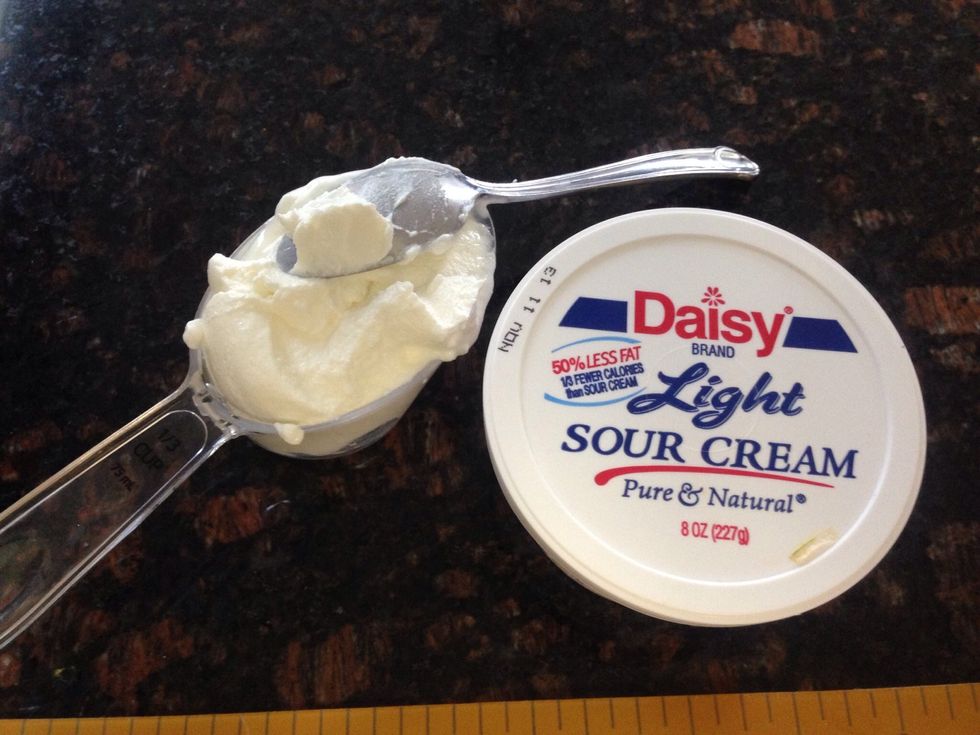 Measure out 1/3 cup sour cream. I'm using "light". You could also use Plain Greek Yogurt.