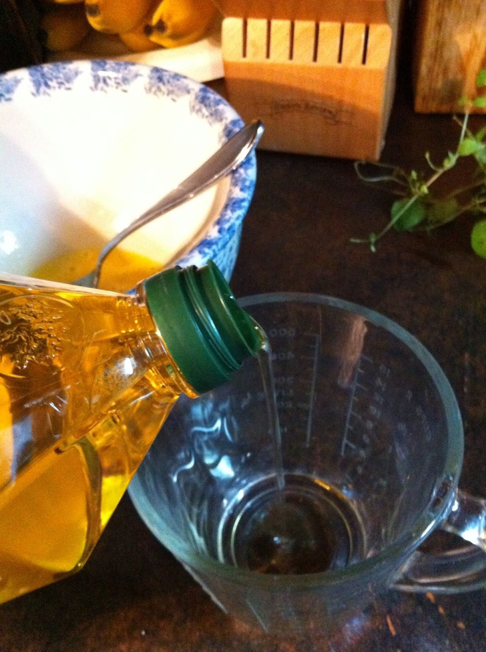Measure out 1/4 cup liquid fat. May use olive oil, canola oil, vegetable oil, peanut oil..as long as its a liquid at room temperature.
