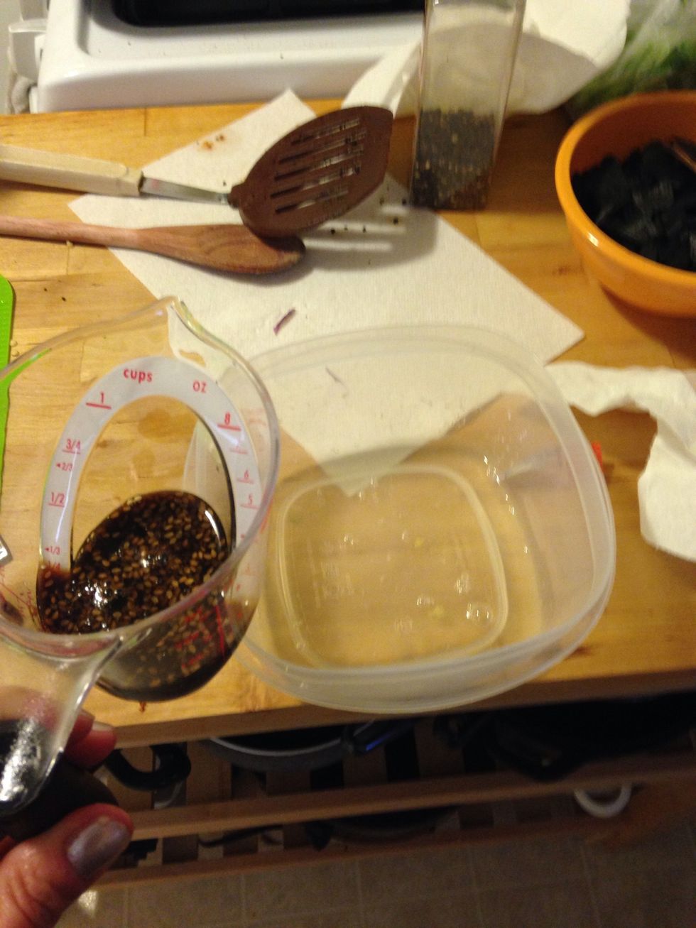 Measure out 1/4 cup of teriyaki and add to the pineapple juice.