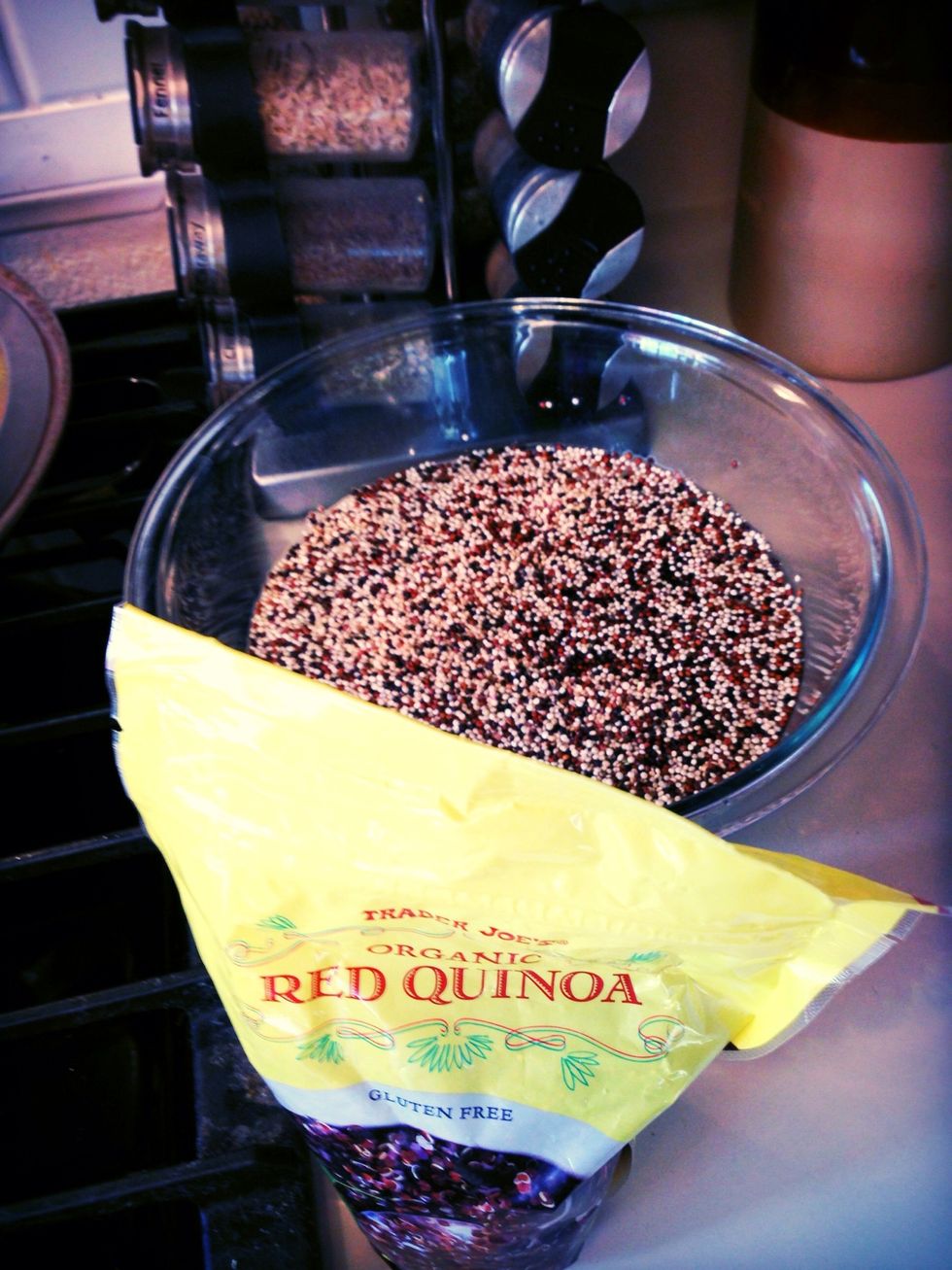Measure out 1 cup of quinoa and add 2 cups of water. Then microwave the quinoa for 4 minutes covered then stir and heat for another 2 minutes. Finally allow to sit for one minute.