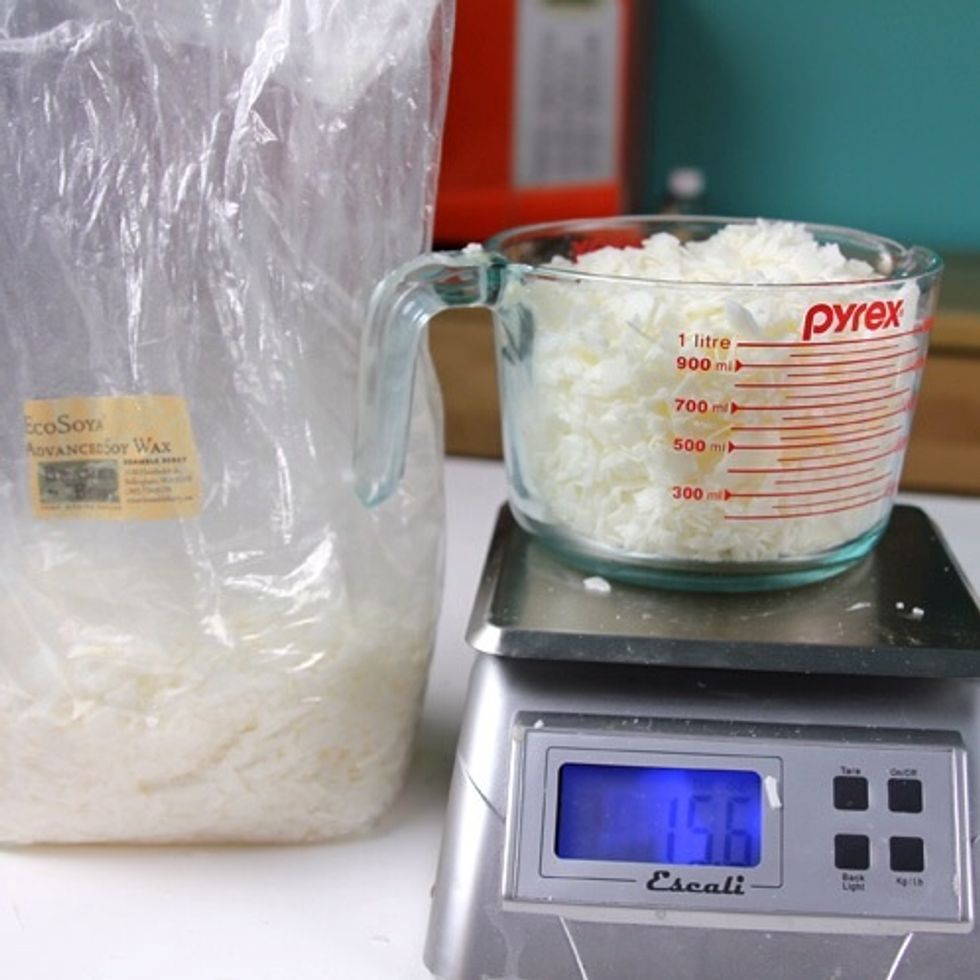 Measure out 15.6 oz. of soy wax. This will be enough to fill all three molds.