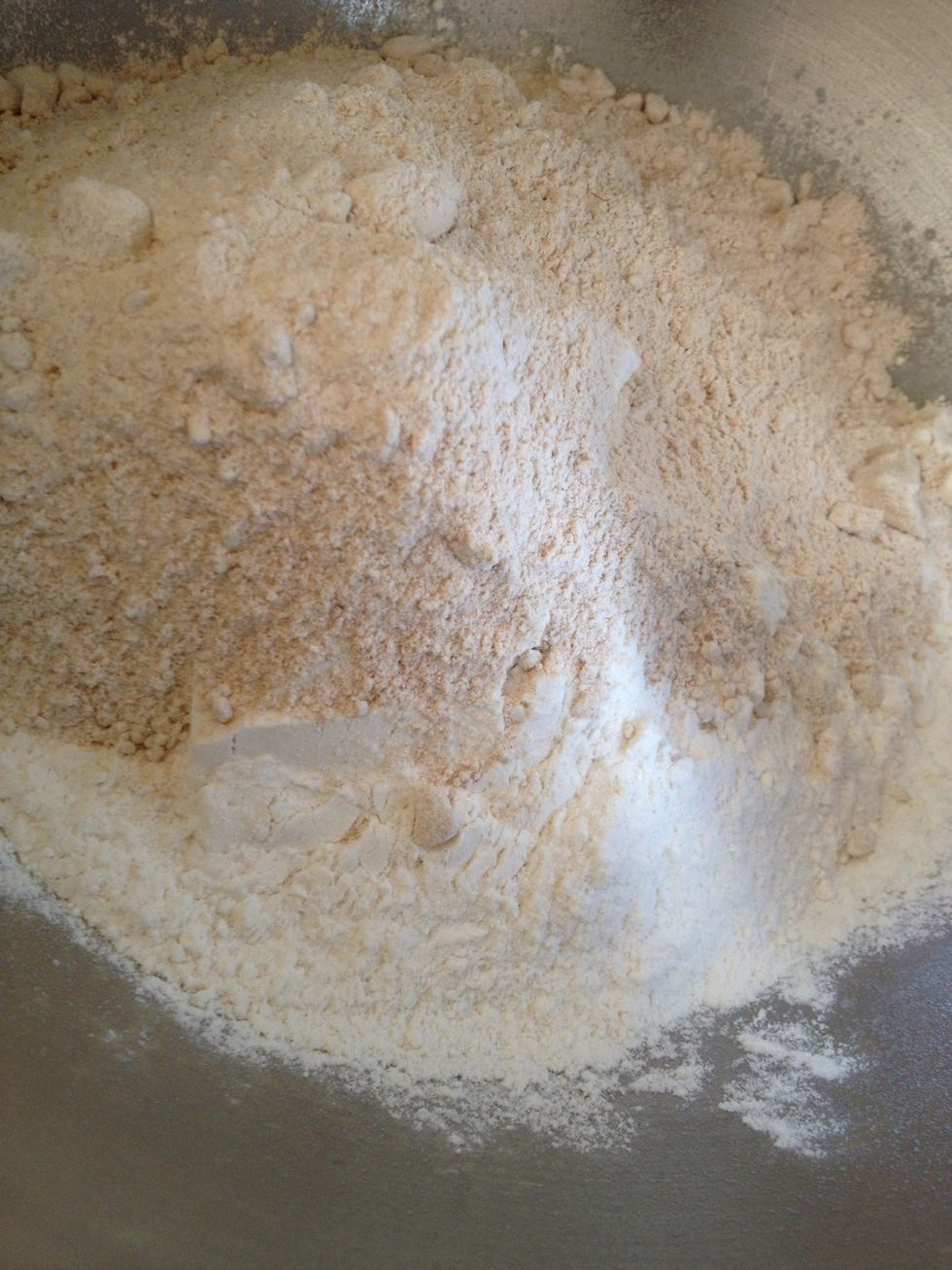 Measure out 3 cups of flour in a mixing bowl. You can do this recipe by hand or with a mixer. You can also do combinations of flours. I used 2c all-purpose and 1c whole wheat.