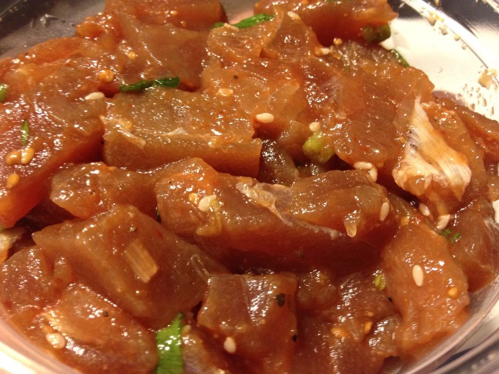 Measure out 3 ounces of ahi poke.