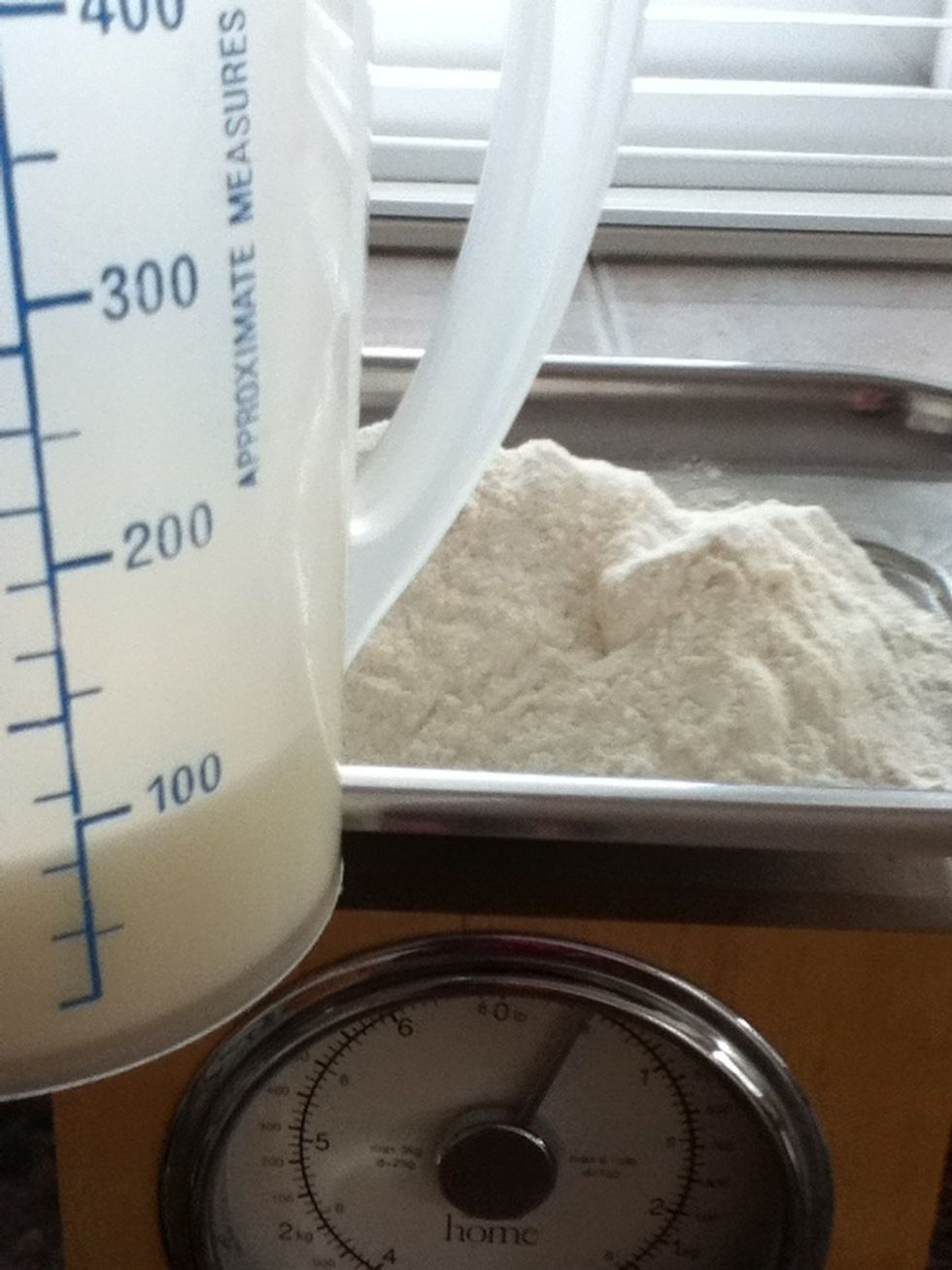 Measure out 80ml of milk and 185g of self raising flour.