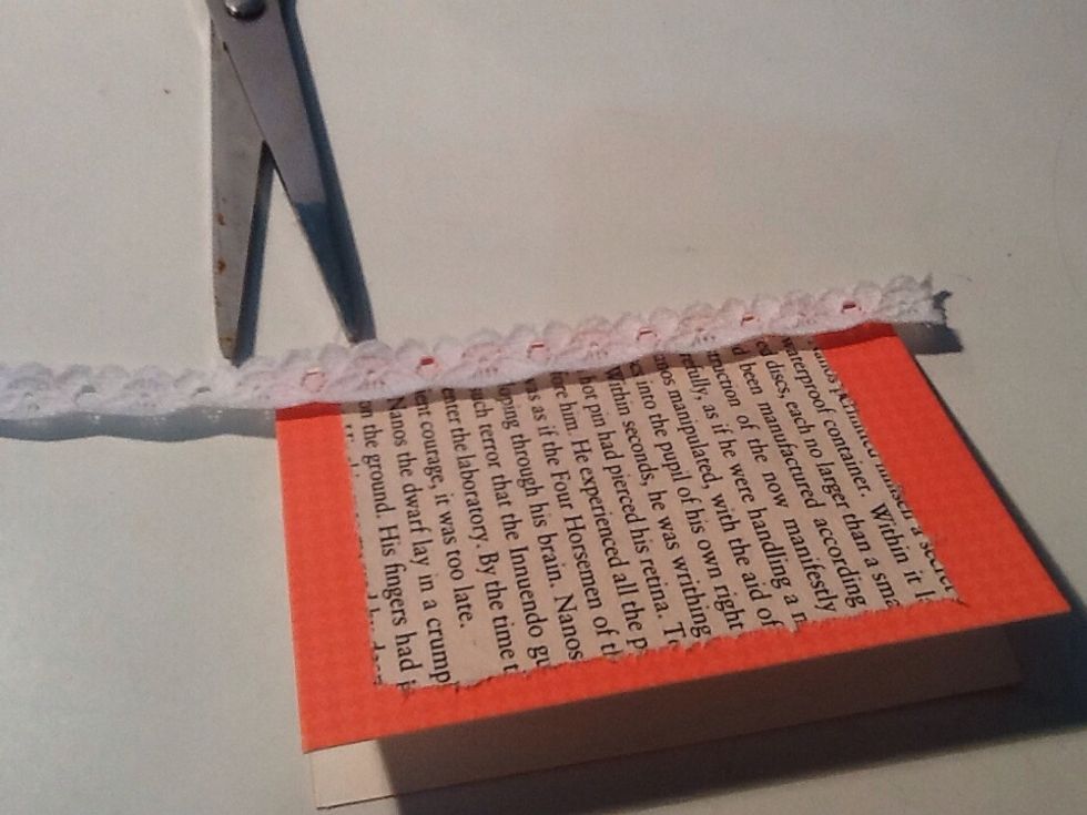 Measure out and cut the lace trim to fit the height of your card. Cut a little extra just in case.