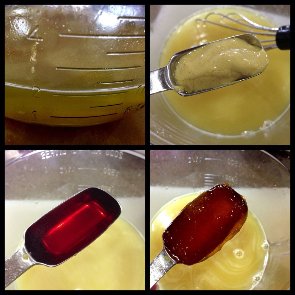 Measure out chicken stock in large bowl. I have an 8 c measuring cup, so I used that. Add Dijon, vinegar, and marmalade & whisk to combine. Set aside.