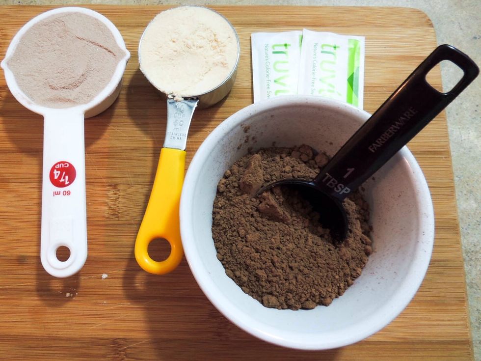 Measure out dry ingredients first, whey, coco flour, cacao powder, 2 packets of stevia