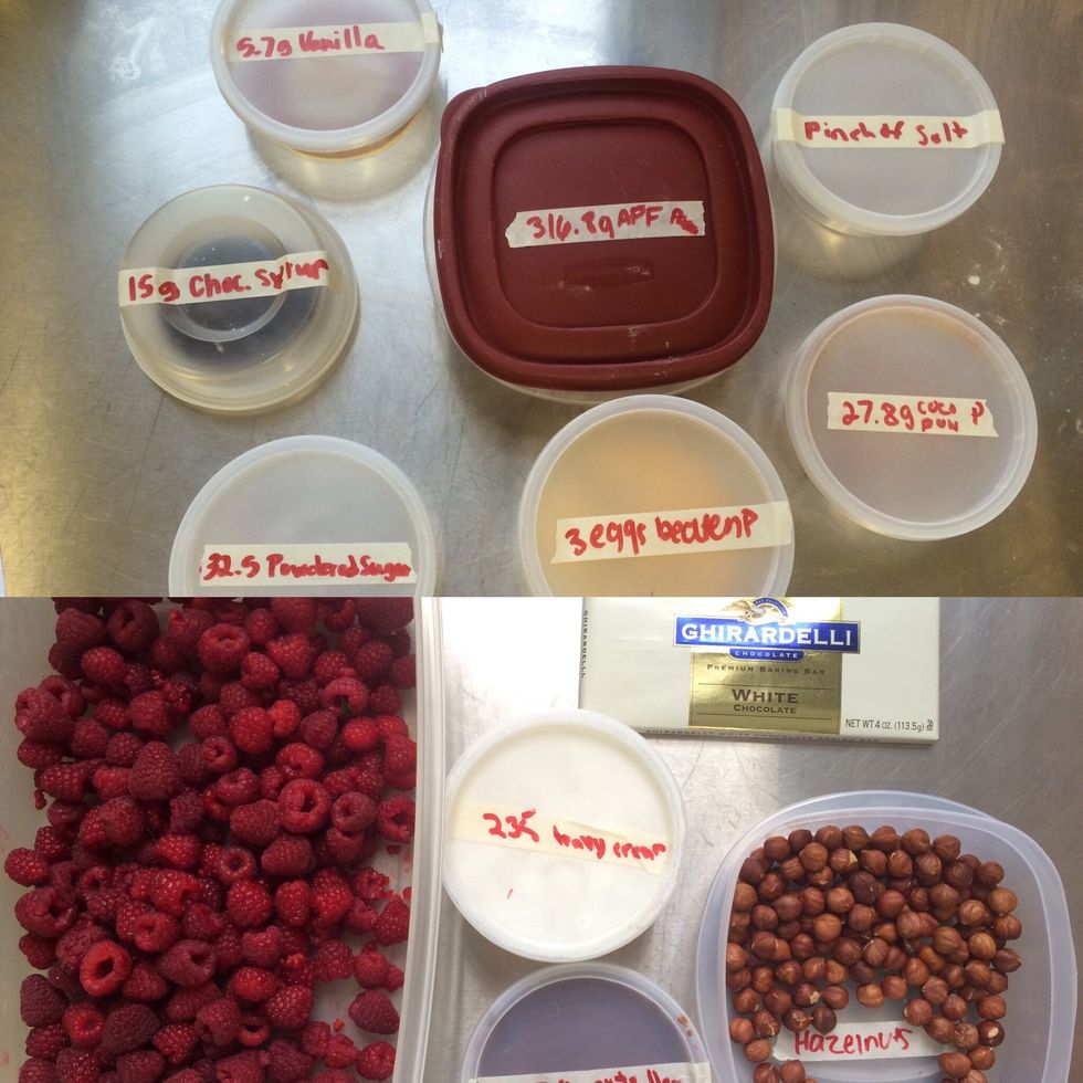 measure out ingredients and set aside. have ready pasta ingredients: eggs, flour, sugar, vanilla, syrup, salt, and cocoa powder