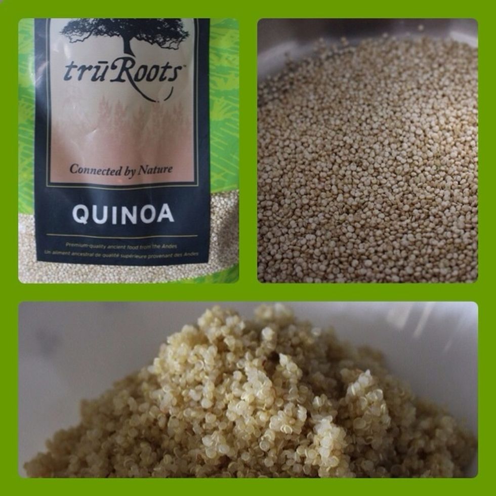 Measure out one cup of quinoa, rinse well a few times under cold water, then combine with two cups of cold water, bring to a boil, then reduce to a simmer and cook with the lid on until done.