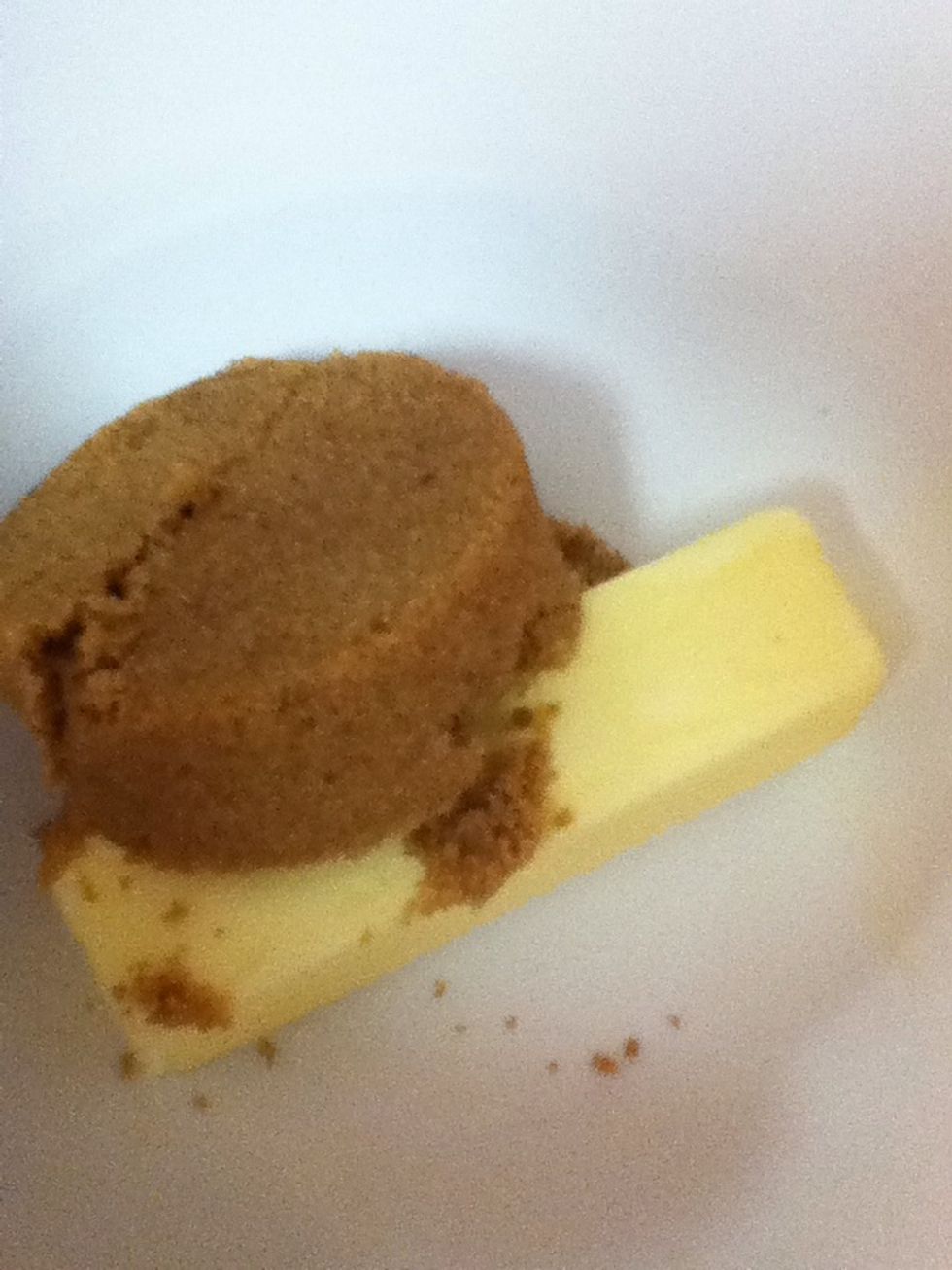 Measure out packed brown sugar, granulated sugar and butter in a large mixing bowl.