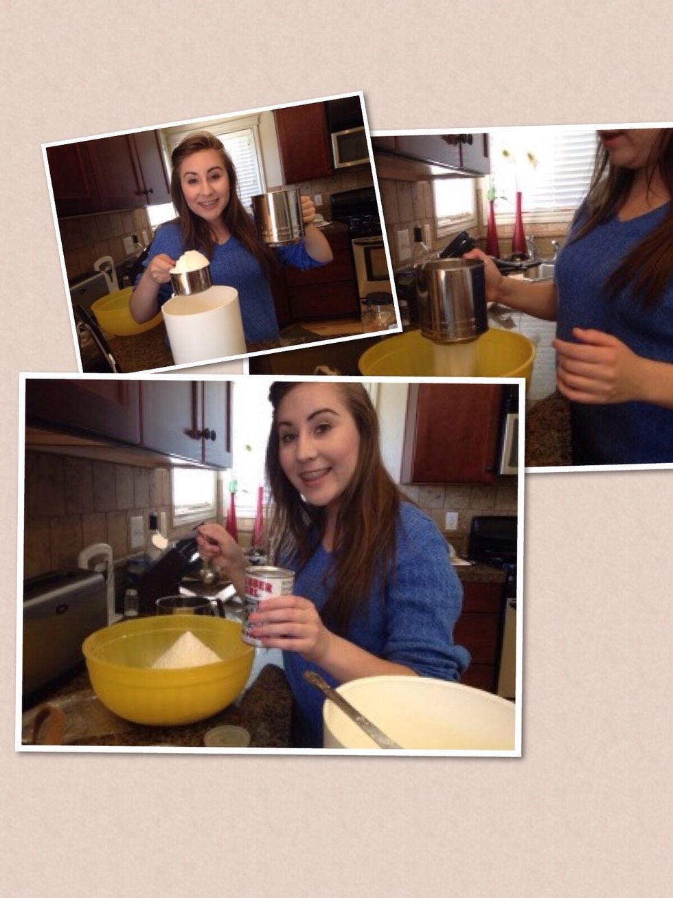 Measure out the correct amounts of flour, baking soda, and salt. Then sift these ingredients into a large bowl.