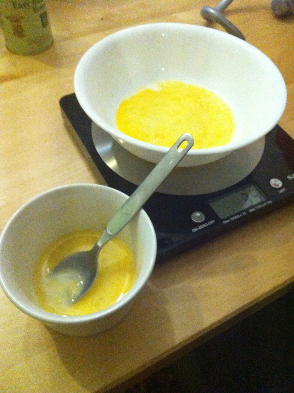 Measure out the egg, do this by cracking the egg into a bowl and then whisk it so the white and the yolk are well combined so you get an equal amount of each. Then just spoon/pour the egg SLOWLY!
