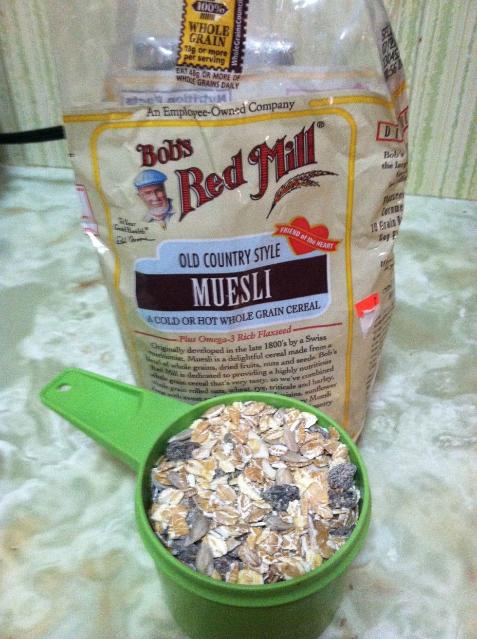 Measure out your muesli. I happen to like this brand, but you can buy another kind or better yet - make your own mix.