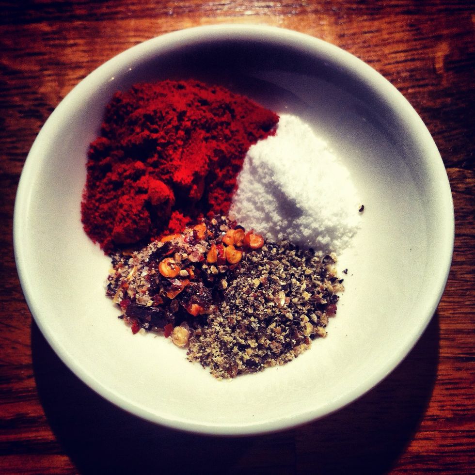 Measure out your spice mix and put aside. If you are going to use stock rather than water then you need to omit the salt for now.