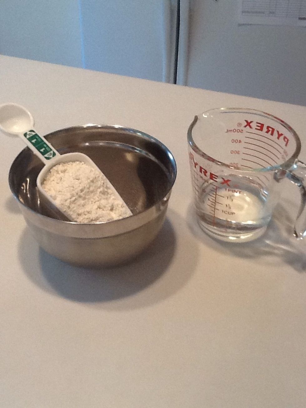 Measure pancake mix and water. Yes, I use mix instead of batter from scratch. Cooking is supposed to be fun! You're allowed to take a few shortcuts! :-)