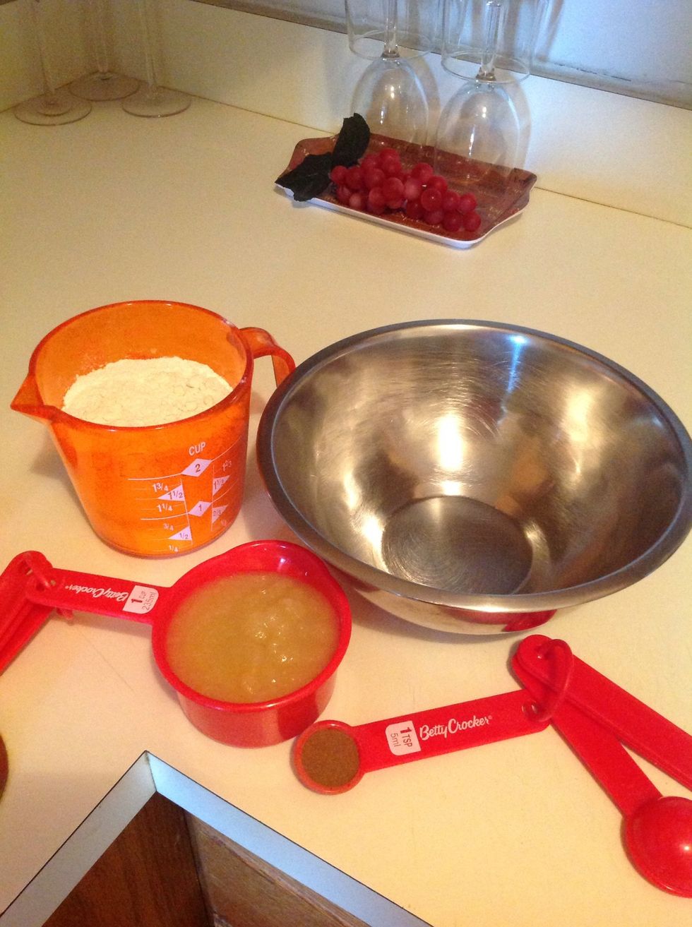 Measure the complete pancake mix, apple sauce and cinnamon.