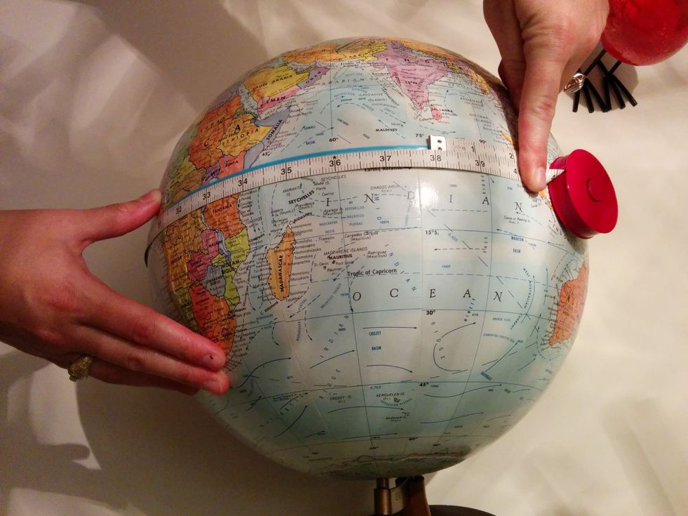 Measure the distance around the globe (unit: inches). Use the equator as the guide for your measuring tape (or string). Record the measurement from the tape or measure the length of the string.