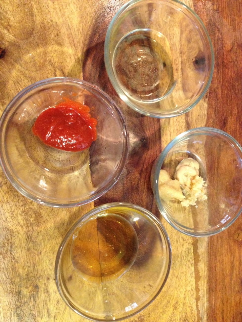 Measure the honey, vinegar, ginger, Dijon mustard, sriracha and garlic