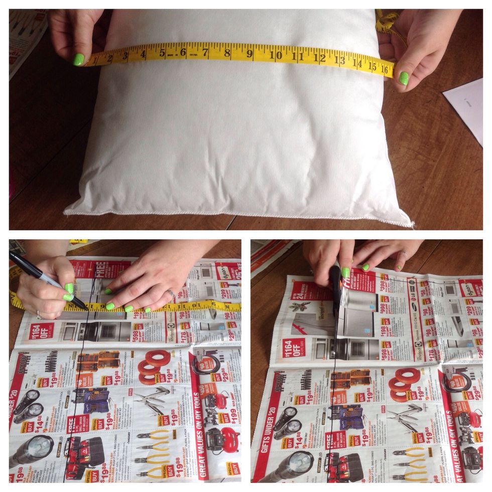 Measure the length & width of the pillow form. When cutting the newspaper to create a pattern, it needs to be a 1/2" bigger all around the pillow. This one is 16"x16". The pattern will be 17"x17".