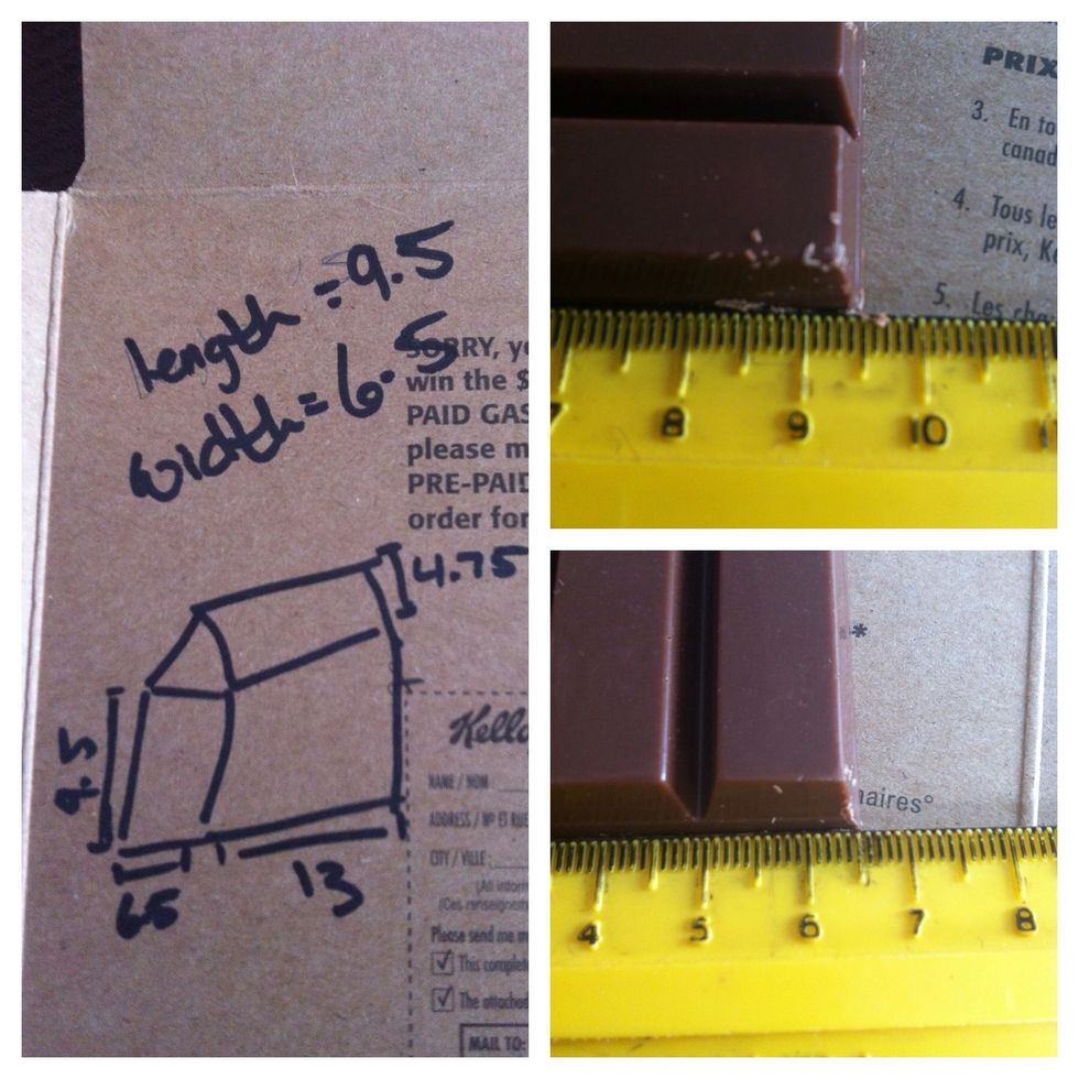 Measure the sides of the kit Kat bar, so you can make the frame the right size. It should be 2 widths, 1 width, 1 length high and the roof is a half length.