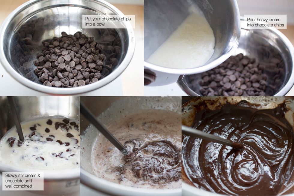 Measure your chocolate chips into a separate bowl, and pour the heavy cream into the bowl. Stir the chocolate chips and heavy cream together until you have thick chocolate mixture - this is ganache!