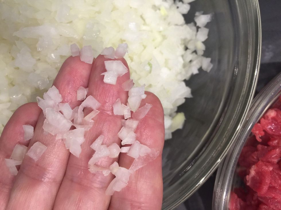 Meat mix preparation. Dice onions