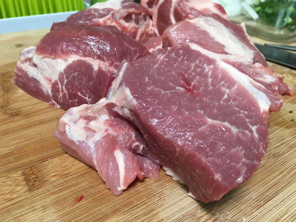 Meat prep: remove excess fat. cut pork shoulder into 3" x 4" pieces.