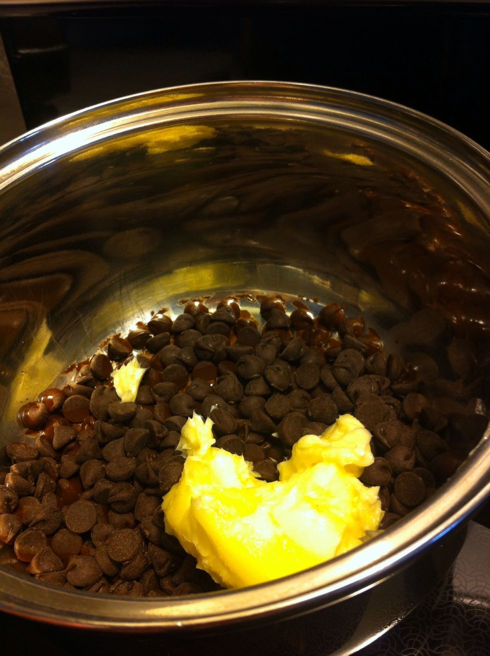Melt 1/2 cup of chocolate chips with 1/4 cup of butter \ud83c\udf6b\ud83d\udd25
