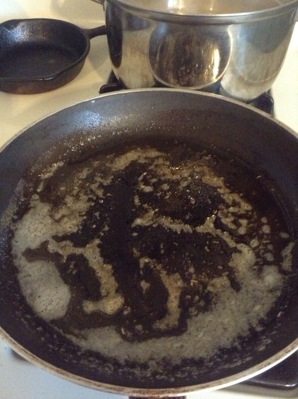 Melt 1/2 of the butter In a skillet until it begins to sizzle and turn brown. In another pot, fill with water, salt and olive oil and bring to a boil to cook the pasta.