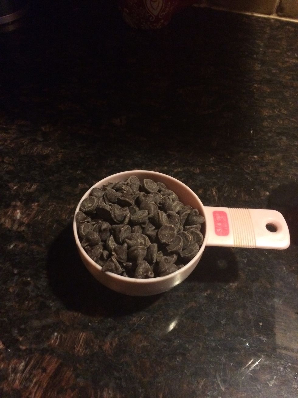 Melt 2 cups of semi sweet chocolate chips in the microwave.