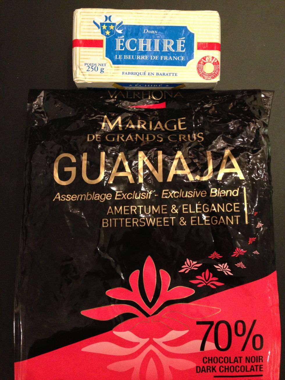 Melt 230 g chocolate + 60g butter and leave to cool