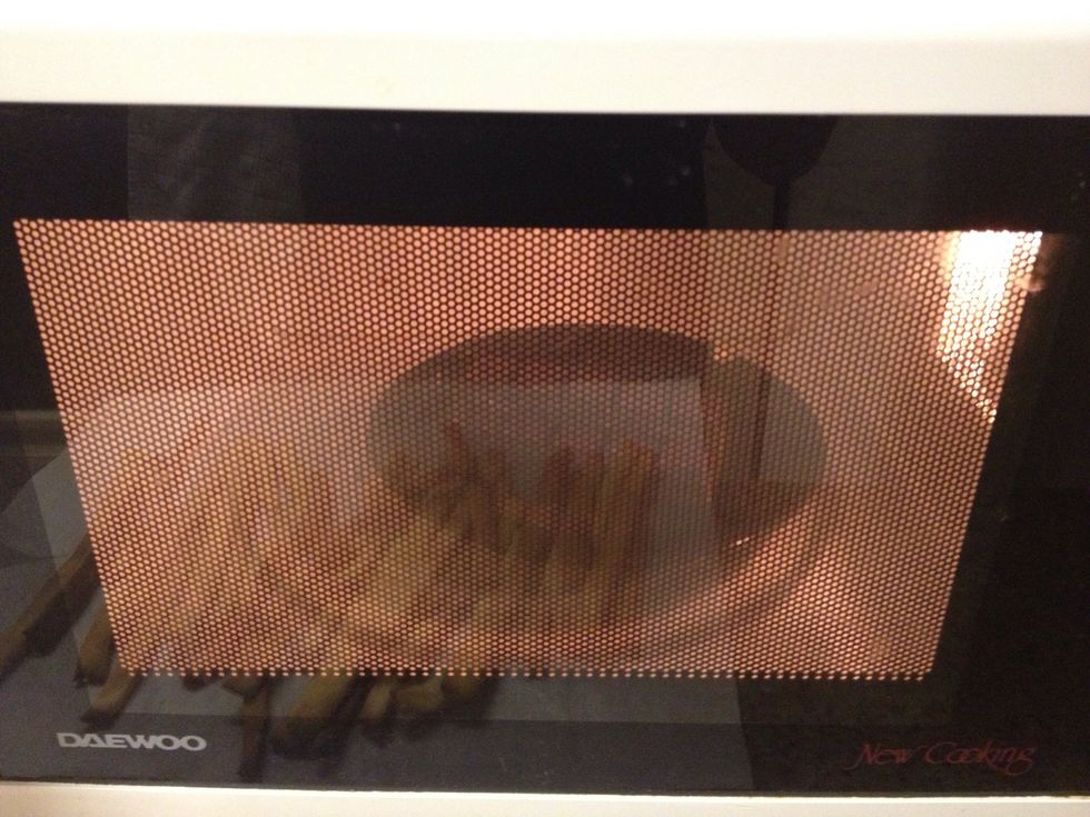 Melt 6 oz dark chocolate in the microwave for a minute.