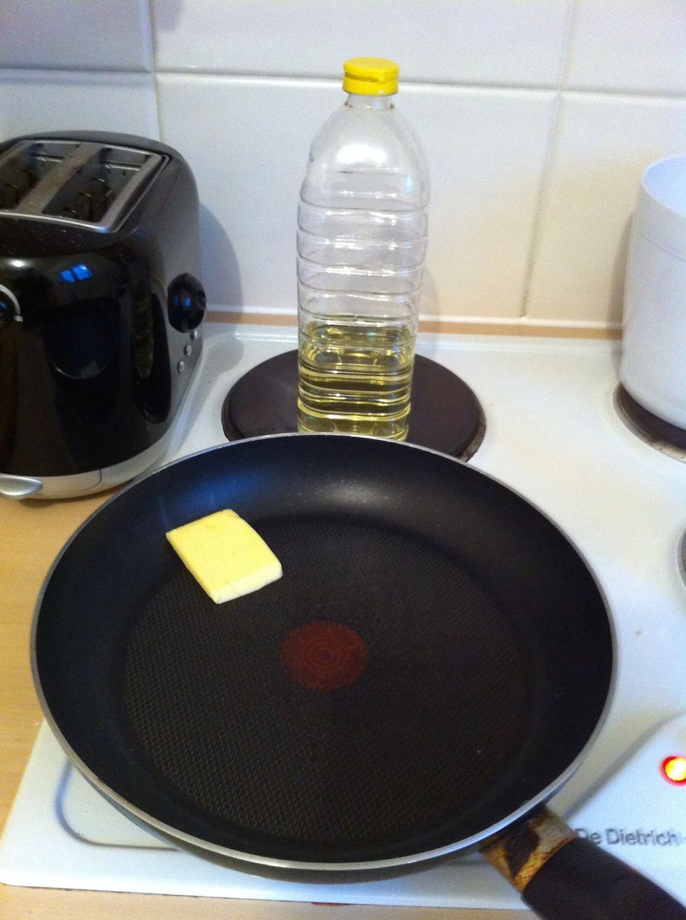 Melt a knob of butter with some cooking oil in a large frying pan, you can use any pan I find this the easiest however