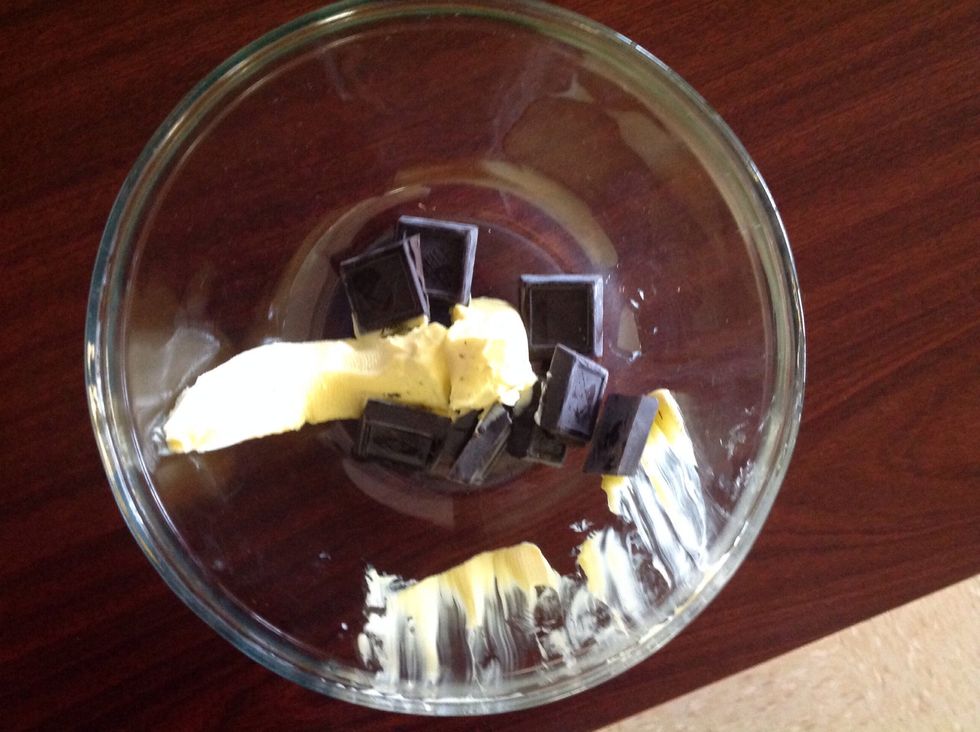 Melt butter and chocolate in microwave for 1:30sec (30sec intervals) or until smooth.