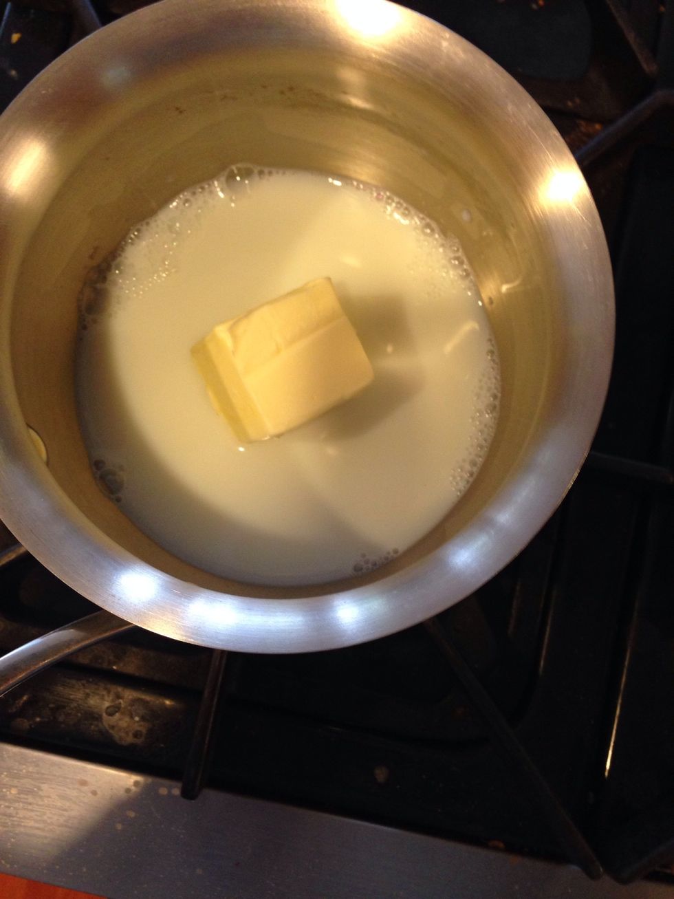 Melt butter and milk in pan, do not allow mixture to boil.