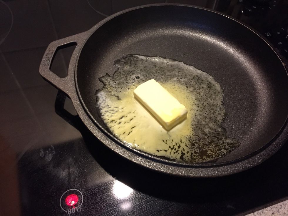 Melt butter in a 10in cast iron pan( preferred). You can also use a cake pan if one is not available.