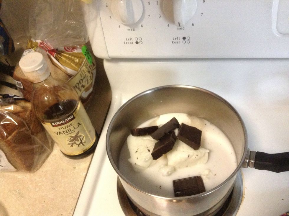 Melt choc, milk, and shortening in a pan on med heat