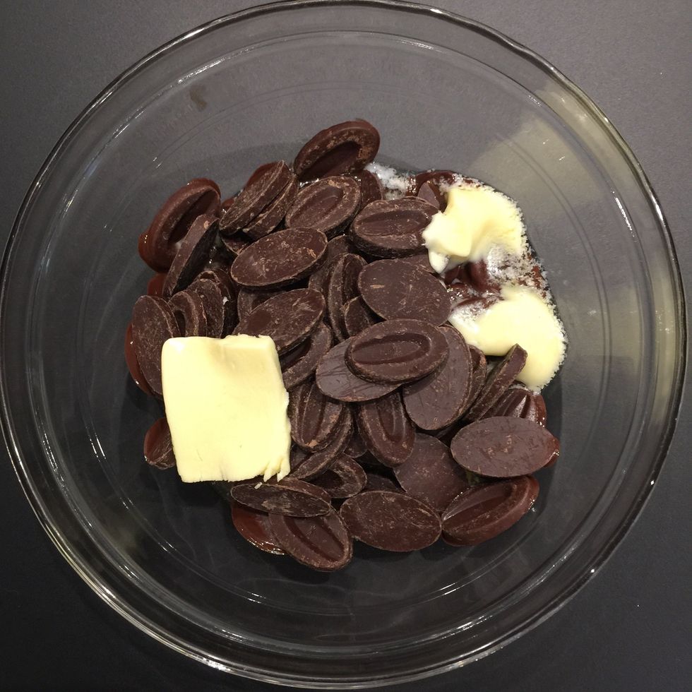 Melt chocolate and butter. I did in the microwave. You can do that in a double boiler as well. Leave to cool.