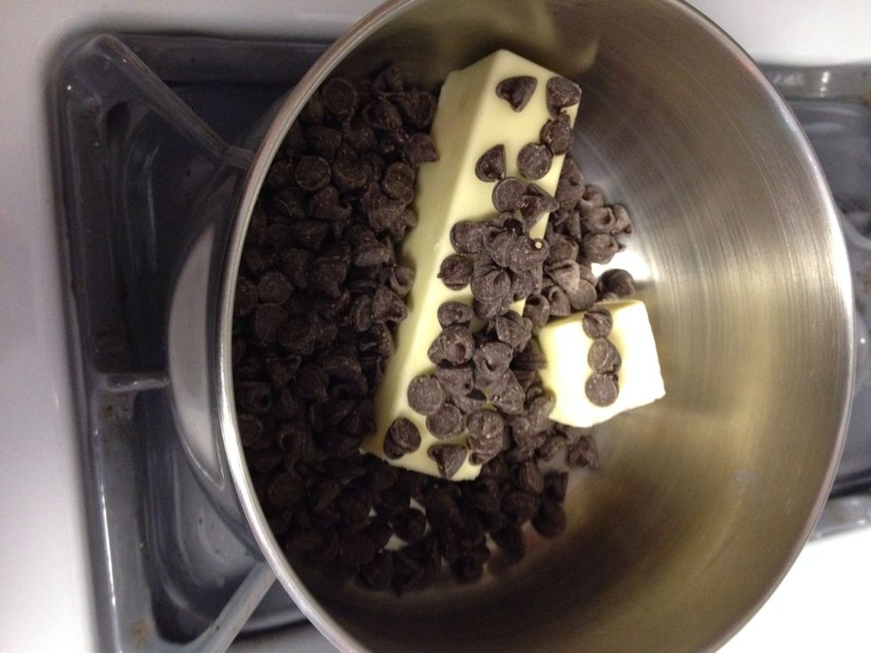 Melt chocolate and butter in a saucepan over low heat, stir often