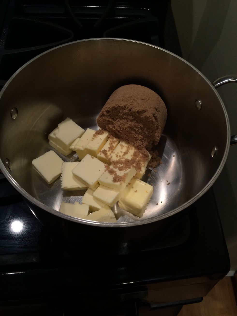 Melt the butter and brown sugar together in a heavy saucepan, over medium heat. Make sure to stir the mixture as it heats.