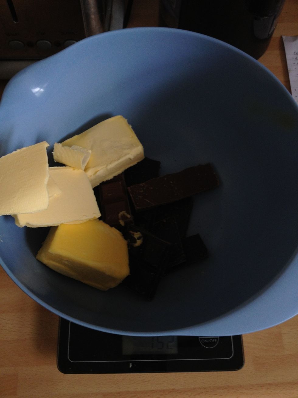 Melt the butter with the chocolate, I did this using the microwave heating a minute at a time until melted. Leave to one side.