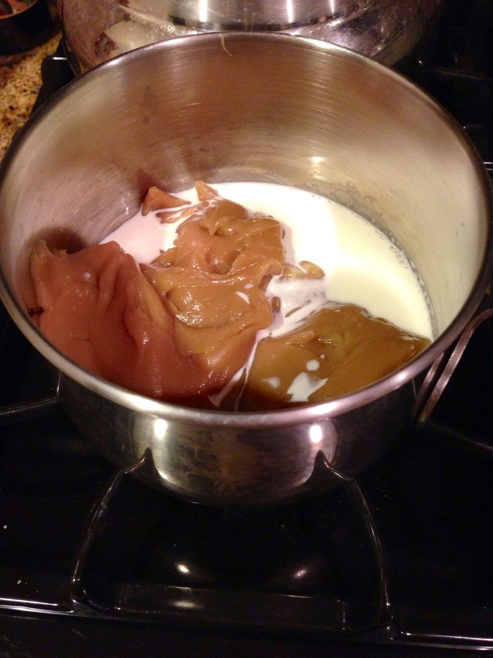 Melt the caramel and heavy cream together on low heat.