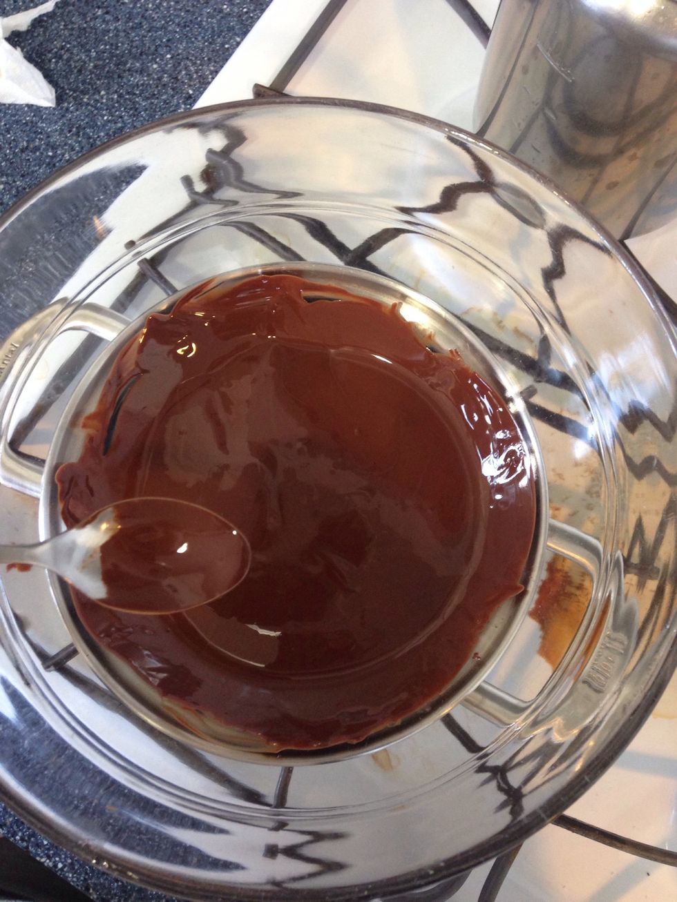 Melt the chocolate chips above boiling water and set aside to cool