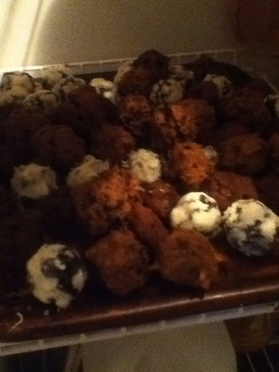 Melt the chocolate on the stove or in the microwave for 30 seconds and dip each individual ball in. I used multiple kinds of chocolate. (forgot to take a pic of the chocolate melting, sorry)