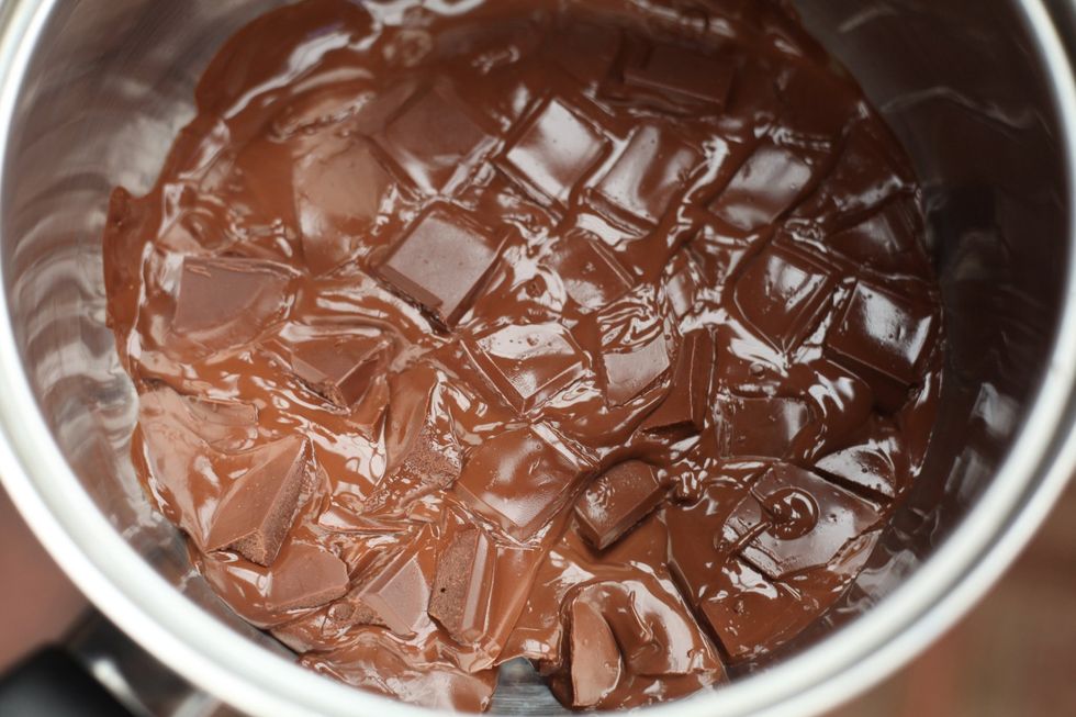 Melt the dark chocolate in a saucepan on low heat. Just melt, not cook.  Don't suffer by filling up water and putting another pot on top. Just low heat until you see this, lower the heat again.