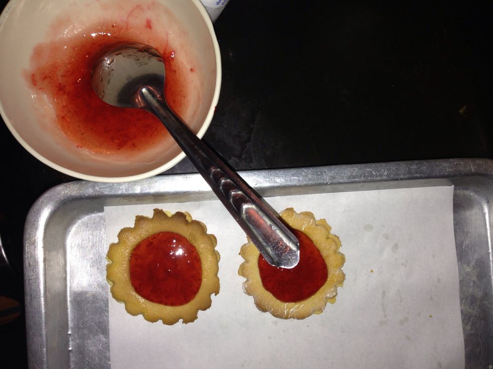 Melt the jam in microwave about a minute, heat jam till liquefied.Then spoon into each indentation.Transfer to a wire back and let it cool completely.